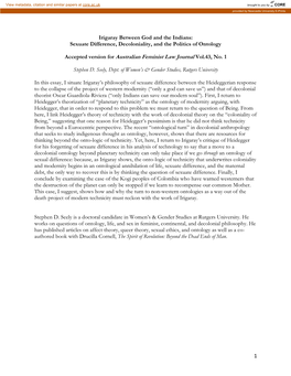 1 Irigaray Between God and the Indians: Sexuate Difference, Decoloniality, and the Politics of Ontology Accepted Version for Au