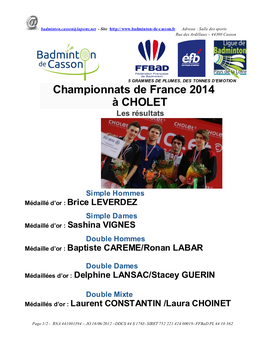 Championnats De France 2014 À CHOLET Les Résultats