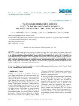 Valencian Reconquest Churches. Study of the Archaeological Remains Found in the Algemesí Capilla De La Comunión