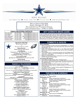 Radio & Television This Week's Schedule Cowboys & Eagles