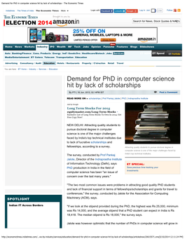 Demand for Phd in Computer Science Hit by Lack of Scholarships - the Economic Times
