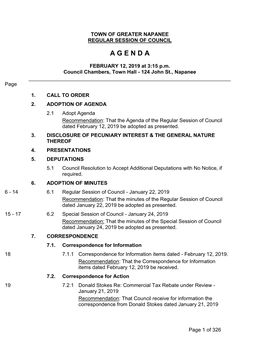 REGULAR SESSION COUNCIL - February 12, 2019 Agenda