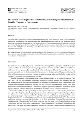 Zootaxa, the Position of the Leptoscelini And