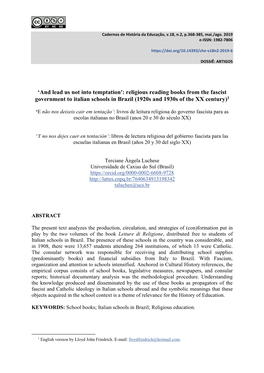 'And Lead Us Not Into Temptation': Religious Reading Books from the Fascist Government to Italian Schools in Brazil (1920S