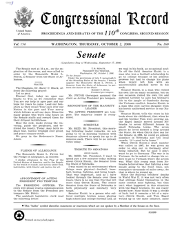 Congressional Record United States Th of America PROCEEDINGS and DEBATES of the 110 CONGRESS, SECOND SESSION