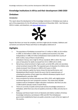 Knowledge Institutions in Africa and Their Development 1960-2020: Zimbabwe
