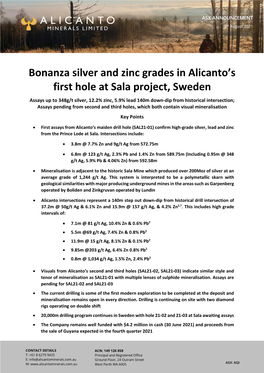 Bonanza Silver and Zinc Grades in Alicanto's First Hole at Sala Project