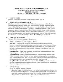 Big Sur Multi-Agency Advisory Council Meeting Minutes for June 28, 2019 Big Sur Grange Highway 1, Big Sur, California 93920