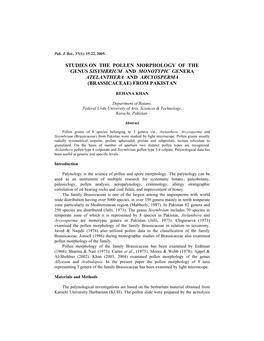 Studies on the Pollen Morphology of the Genus Sisymbrium and Monotypic Genera Atelanthera and Arcyosperma (Brassicaceae) from Pakistan