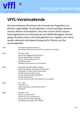 VFFL-Vereinsabende PRESSEINFORMATION