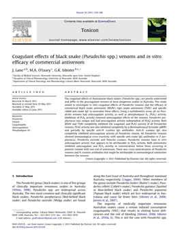 Coagulant Effects of Black Snake (Pseudechis Spp.) Venoms and in Vitro Efﬁcacy of Commercial Antivenom