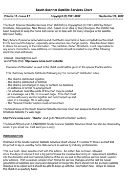 South Scanner Satellite Services Chart ------Volume 11 - Issue # 1 Copyright (C) 1991-2002 September 29, 2002 ======