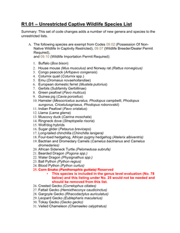 R1.01 – Unrestricted Captive Wildlife Species List Summary: This Set of Code Changes Adds a Number of New Genera and Species to the Unrestricted Lists