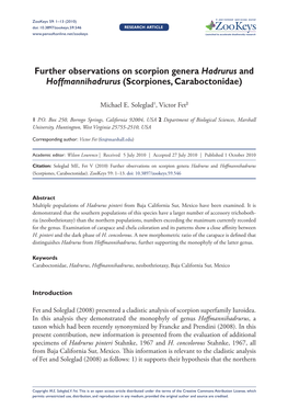 Further Observations on Scorpion Genera Hadrurus and Hoffmannihadrurus (Scorpiones, Caraboctonidae)