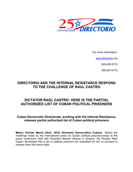 Directorio and the Internal Resistance Respond to the Challenge of Raul Castro Dictator Raúl Castro