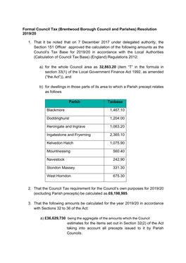 Formal Council Tax (Brentwood Borough Council and Parishes) Resolution 2019/20