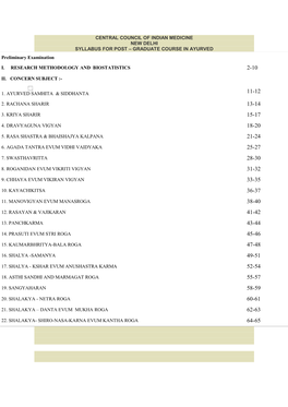 CENTRAL COUNCIL of INDIAN MEDICINE NEW DELHI SYLLABUS for POST – GRADUATE COURSE in AYURVED Preliminary Examination I