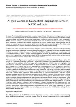 Afghan Women in Geopolitical Imaginaries: Between NATO and India Written by Devaditya Agnihotri and Katharine A