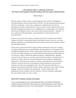 A Revolutionary Role Or a Remnant of the Past? the Future of the Egyptian Journalist Syndicate After the January 25Th Revolution