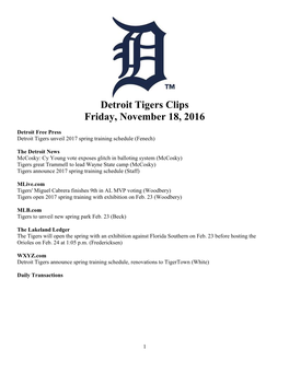 Detroit Tigers Clips Friday, November 18, 2016