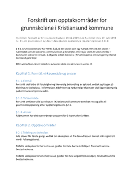 Forskrift Om Opptaksområder for Grunnskolene I Kristiansund Kommune