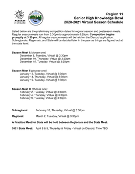 2020 – 2021 Senior High Virtual Knowledge Bowl Schedule