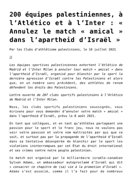 Annulez Le Match « Amical » Dans L’Apartheid D’Israël »