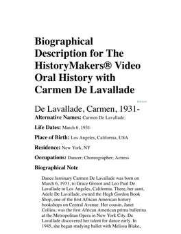 Biographical Description for the Historymakers® Video Oral History with Carmen De Lavallade