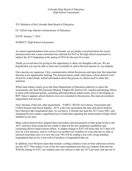 Colorado State Board of Education High School Assessment TO