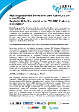 Richtungsweisende Selektionen Zum Abschluss Der Ersten Woche Deutsche Bob-Elite Startet in Der VELTINS Eisarena in Die Saison