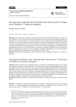 Preocupaciones Señoriales Del “Principal Senhor Destes Reynos”. El Legado De Teodósio I, V Duque De Braganza, En Cuadernos De Historia Moderna 42.1, 9-36