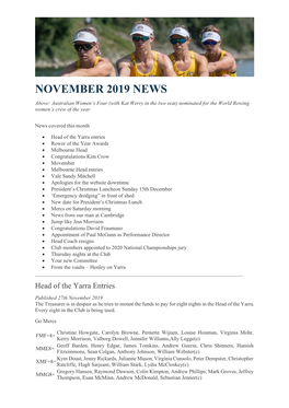 NOVEMBER 2019 NEWS Above: Australian Women’S Four (With Kat Werry in the Two Seat) Nominated for the World Rowing Women’S Crew of the Year