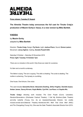 Full Cast Announced for Vassa