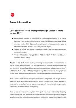 Press Information Leica Celebrates Iconic Photographer Ralph Gibson