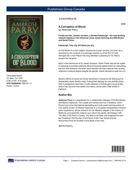 Canongate Books on Sale: Oct 19/21 Raven's Efforts to Prove His Former Adversary's Innocence Are Failing and He 6.38 X 9.45 • 416 Pages Desperately Needs Sarah's Help