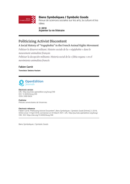 Politicizing Activist Discontent a Social History of “Vegephobia” in the French Animal Rights Movement Politiser Le Désarroi Militant