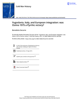 Yugoslavia, Italy, and European Integration: Was Osimo 1975 a Pyrrhic Victory?