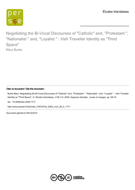 "Catholic" And, "Protestant ", "Nationalist " And, "Loyalist " : Irish Traveller Identity As "Third Space" Mary Burke