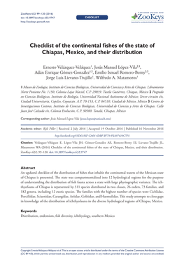 Checklist of the Continental Fishes of the State of Chiapas, Mexico, and Their Distribution