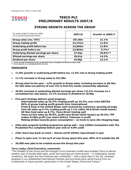 Tesco Plc Preliminary Results 2007/8