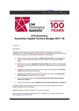 LPA Summary: Australian Capital Territory Budget 2017–18