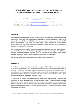 Problemática De La Tasación: La Pintura Moderna Y Contemporánea. Picasso; Periodos Azul Y Rosa