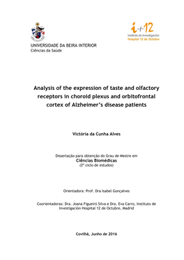 Analysis of the Expression of Taste and Olfactory Receptors in Choroid Plexus and Orbitofrontal Cortex of Alzheimer’S Disease Patients