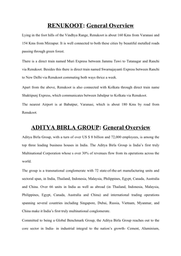 RENUKOOT: General Overview ADITYA BIRLA GROUP: General