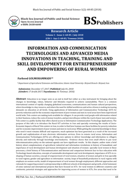 Information and Communication Technologies and Advanced Media Innovations in Teaching, Training and Skill Development for Entrepreneurship and Empowering of Rural Women