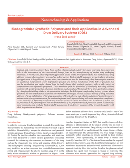 Biodegradable Synthetic Polymers and Their Application in Advanced Drug Delivery Systems (DDS) Ivana Šoljić Jerbić*