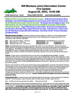 NW Montana Joint Information Center Fire Update August 26, 2003, 10:00 AM