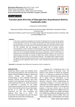 Vascular Plant Diversity of Udayagiri Fort, Kanyakumari District, Tamilnadu, India