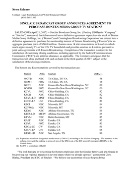 Sinclair Broadcast Group Announces Agreement to Purchase Bonten Media Group Tv Stations