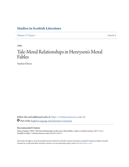 Tale-Moral Relationships in Henryson's Moral Fables Stephan Khinoy